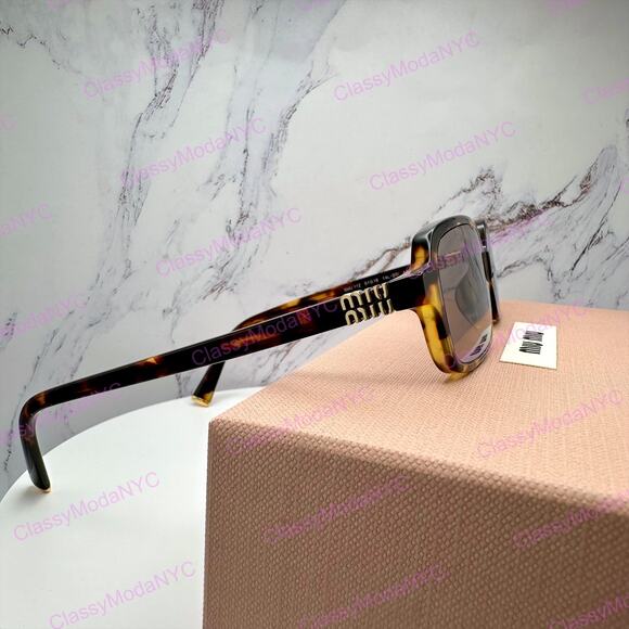New MIU MIU Sunglasses Brown Square Tortoise Rectangular Gold Logo Authentic main image 4